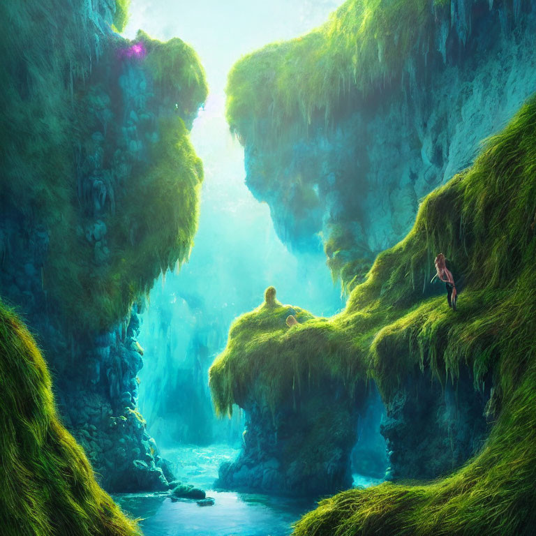 Vibrant fantasy landscape with lush green canyon and human figures under illuminated crevice