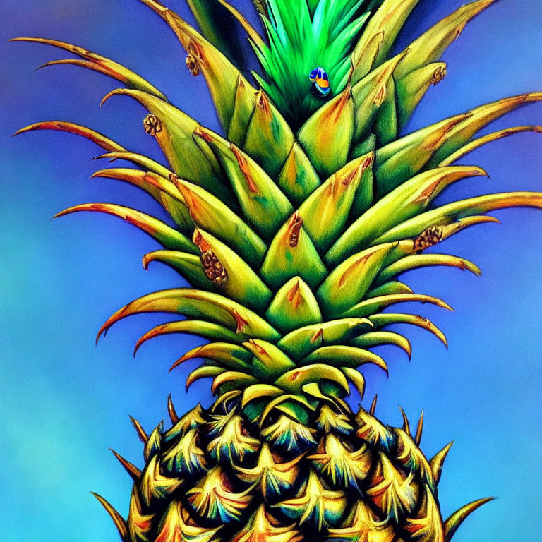 Colorful pineapple painting on blue background with intricate textures and ladybug.