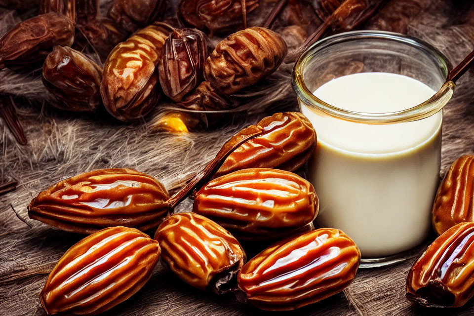 Glass of Milk with Glossy Dates on Rustic Wooden Surface: Nutritious Snack