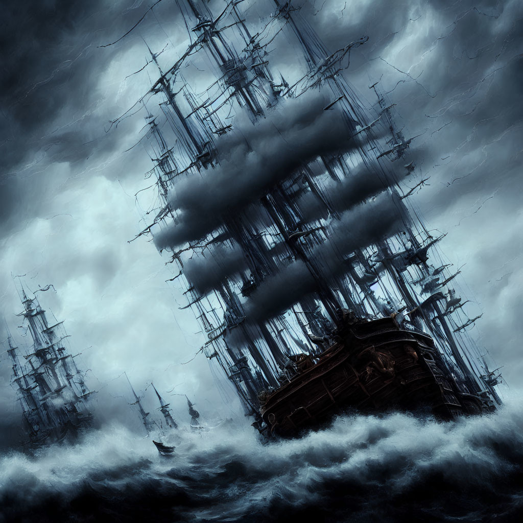 Ghostly Fleet of Tall Ships in Mist and Stormy Sky