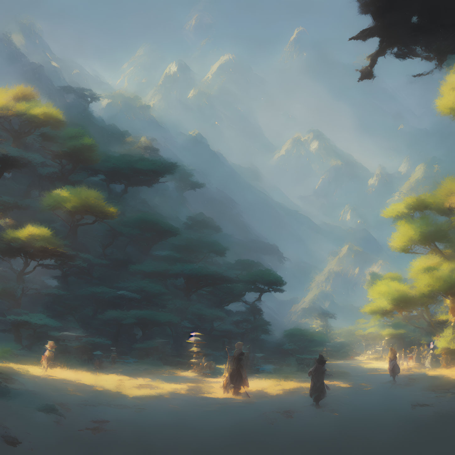 Mystical forest scene with travelers on sunlit path among towering mountains