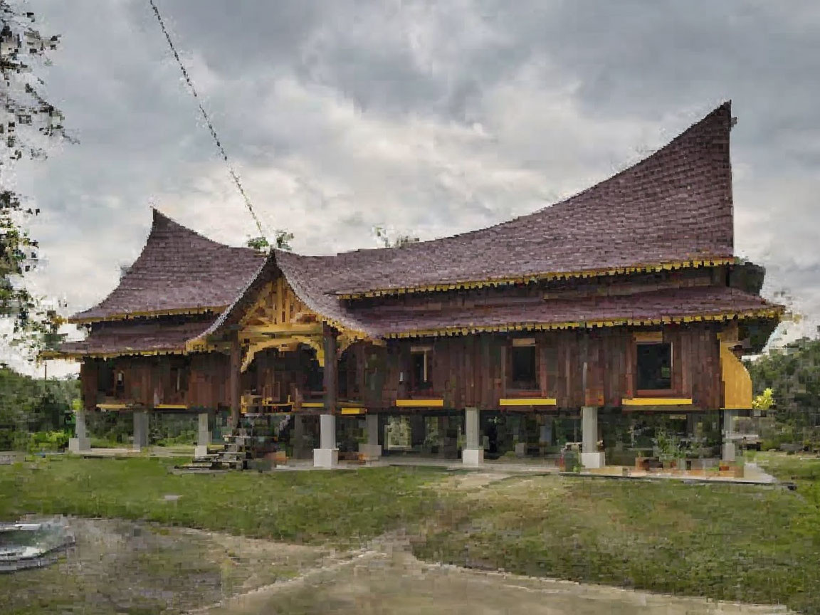 Traditional Indonesian House with Curved Roof in Lush Greenery