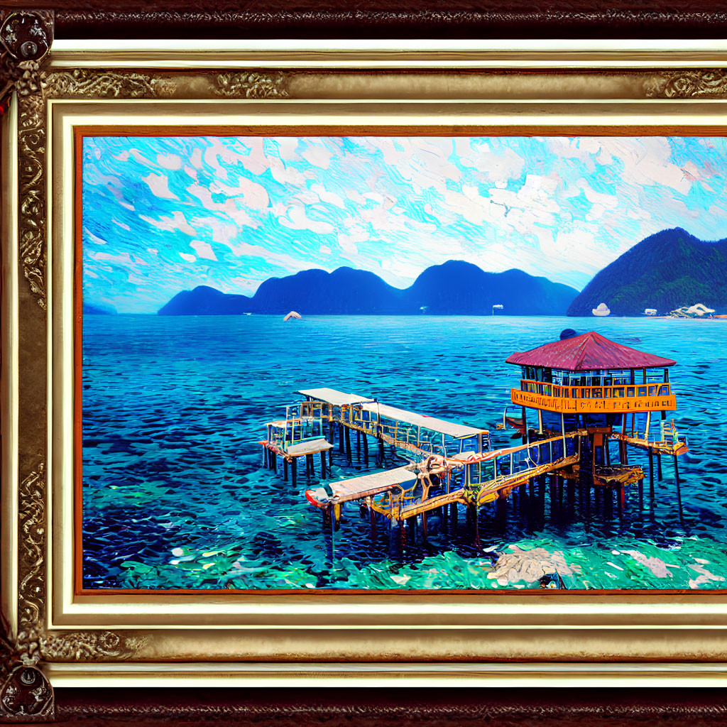 Framed painting of vibrant blue seascape with wooden pier and gazebo, mountains, clear skies