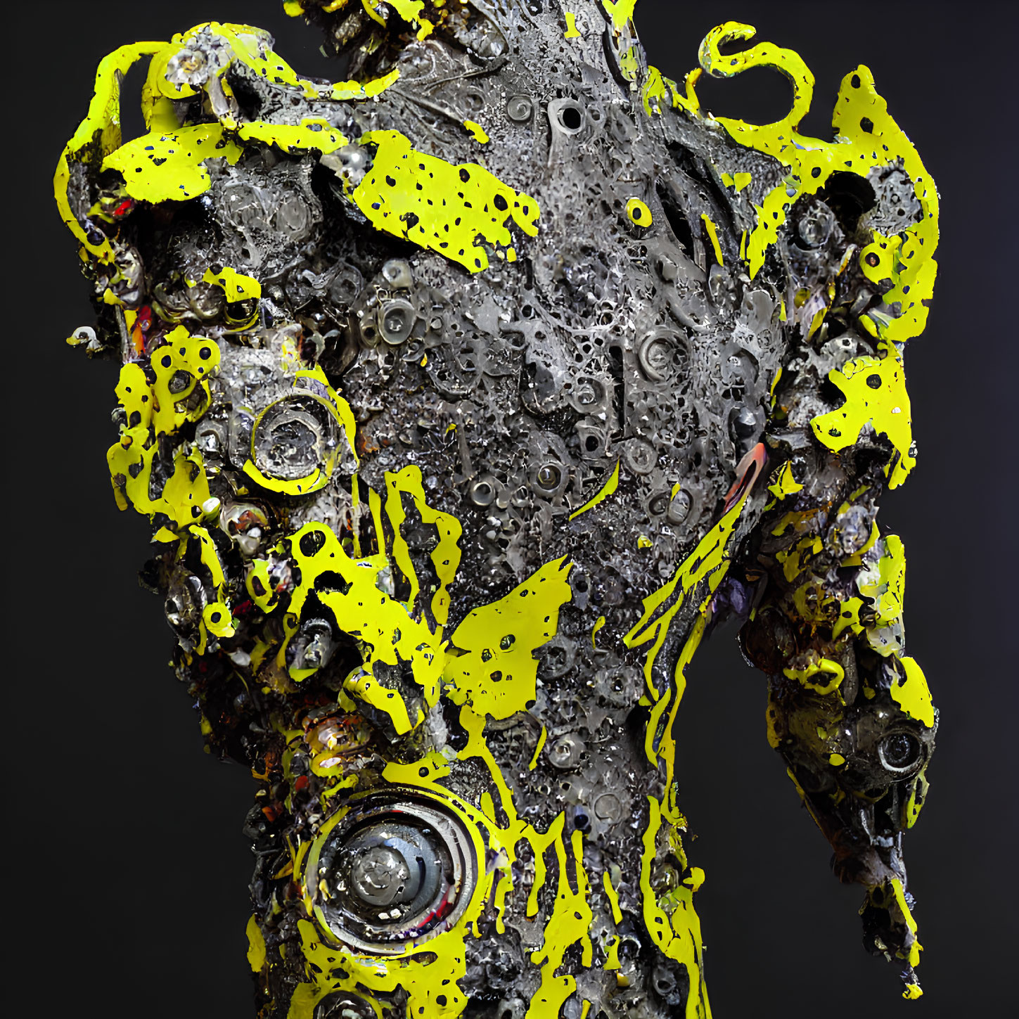 Textured artwork of mechanical figure splattered with yellow paint on dark background