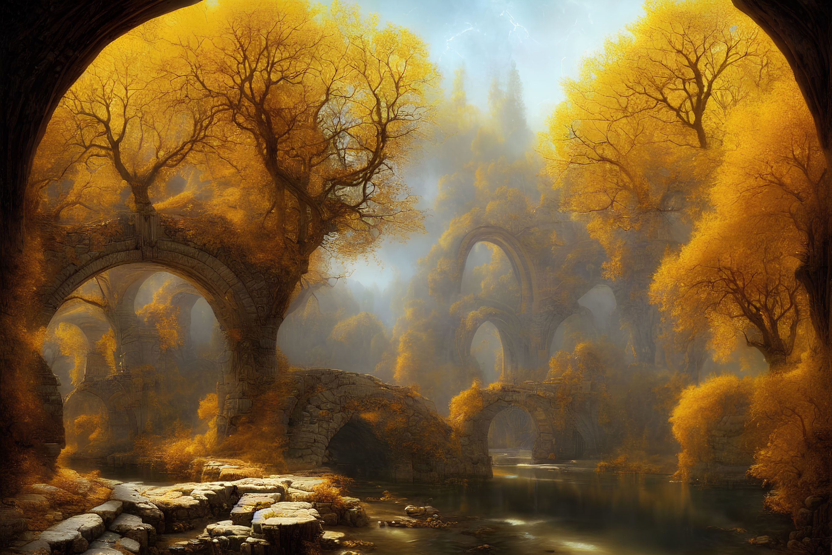 Tranquil autumn landscape with golden trees and stone arches