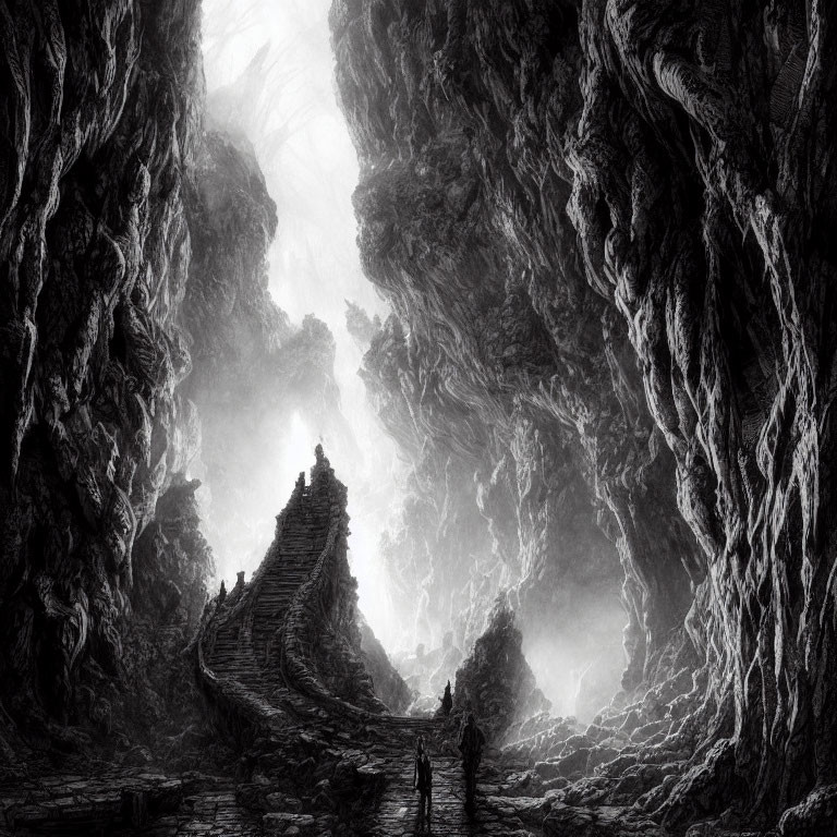 Monochromatic image: Two people at base of grand staircase among towering rock formations