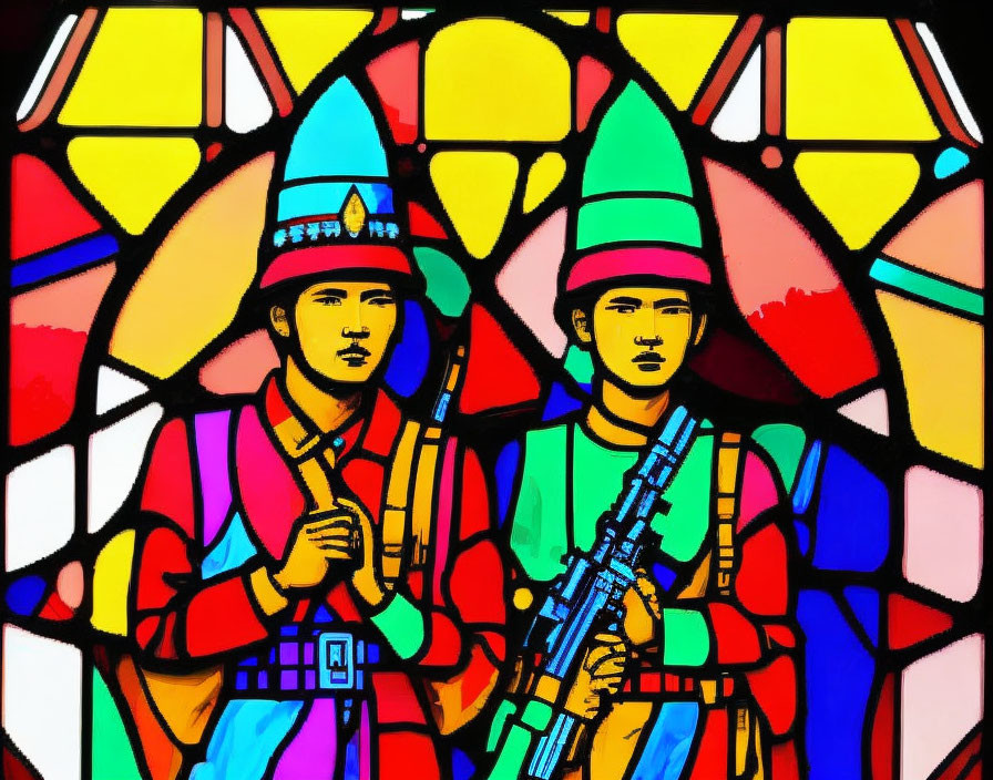 Colorful Stained Glass Style Illustration of Two People in Traditional Attire