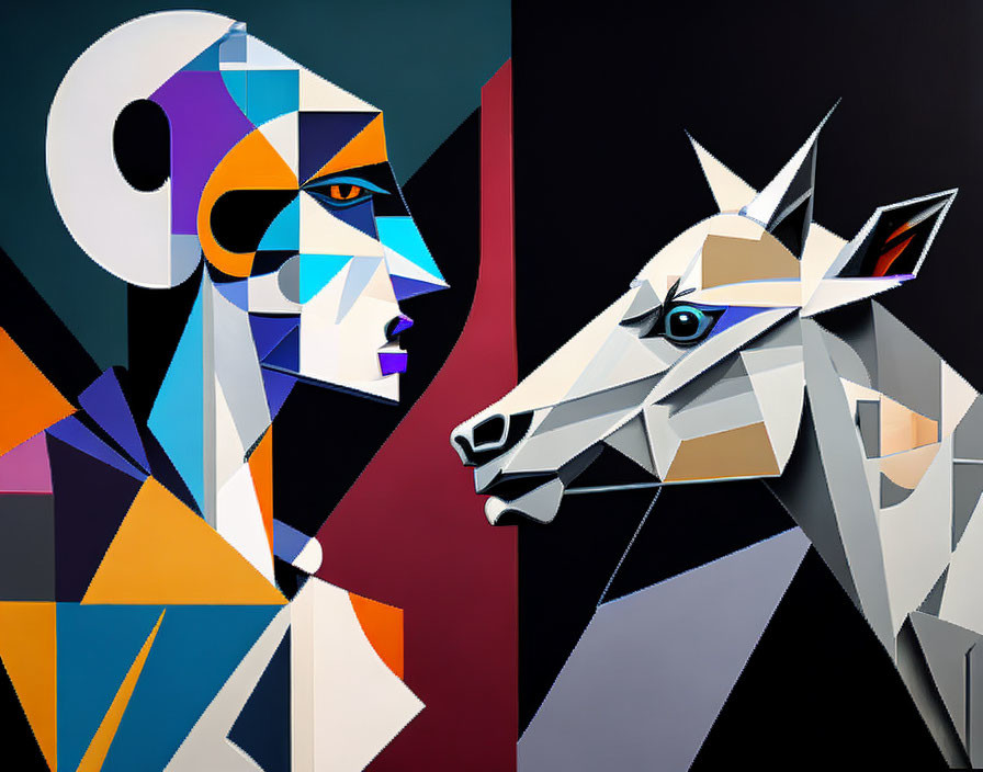 Colorful geometric art: human face and horse head in profile