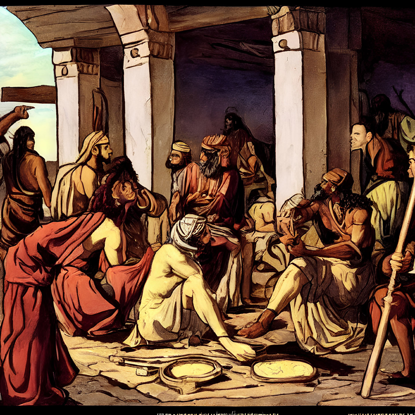 Group of robed men in discussion around table with plates under stone pillars