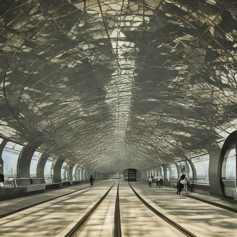 Futuristic train station with intricate ceiling design and glass walls