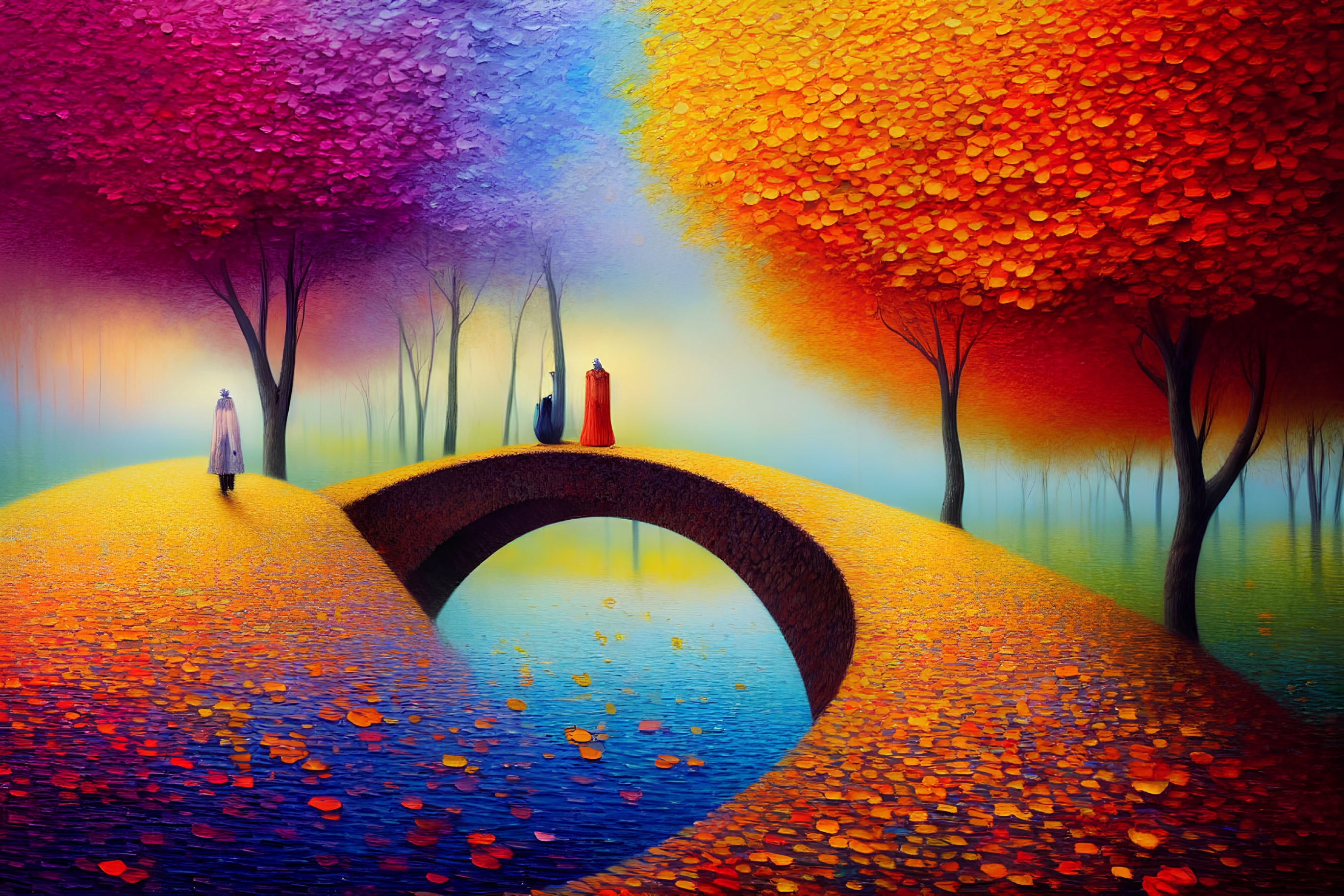 Colorful artwork: Person on bridge in autumn setting