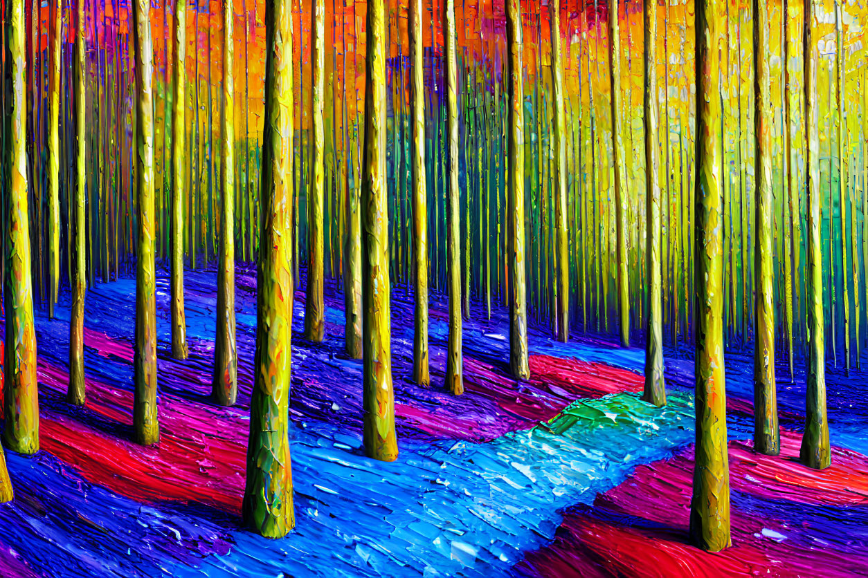 Colorful forest painting with thick brushstrokes on textured background