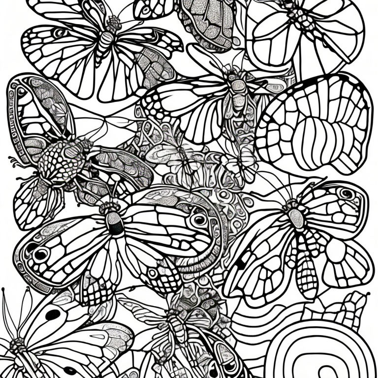 Detailed Black and White Butterfly Coloring Page with Snail and Foliage