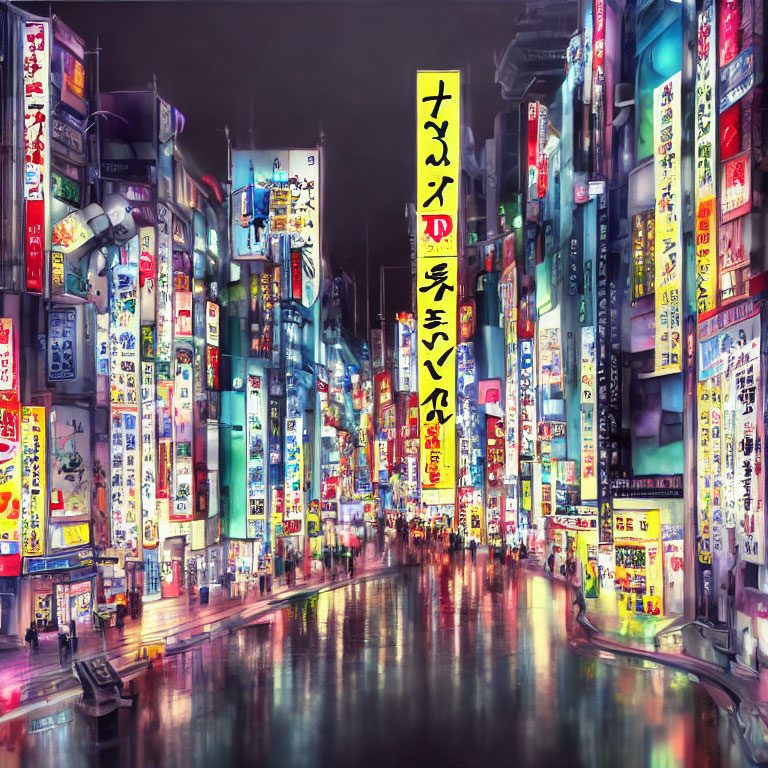 Neon-lit city street at night with Japanese signs