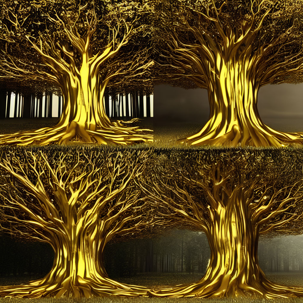 Golden luminous tree in dark forest in four panels