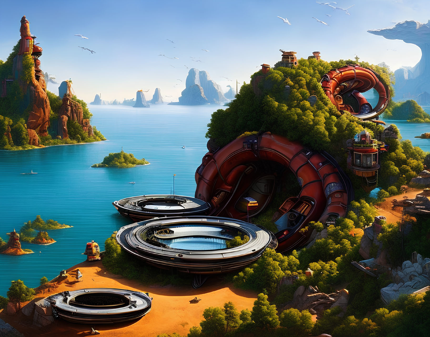 Fantastical landscape with futuristic floating structures above serene lake