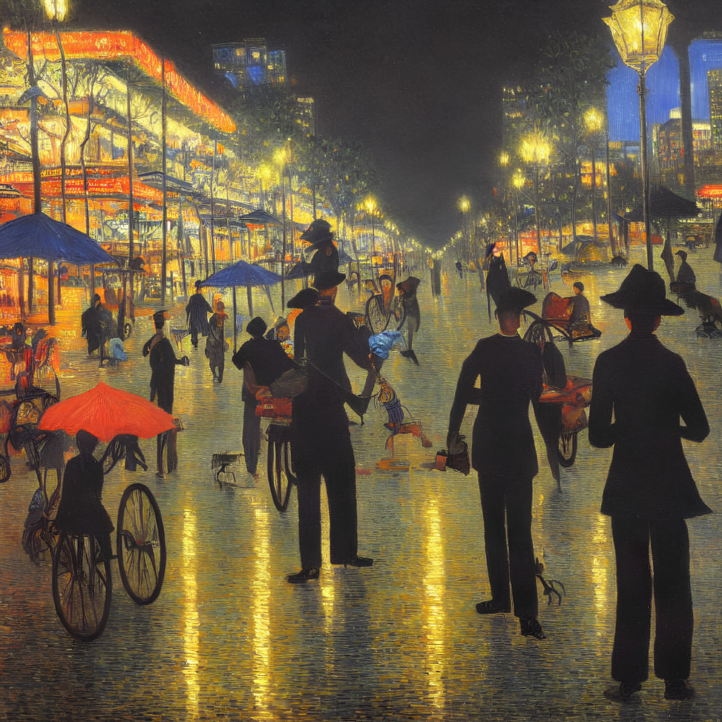 Rain-soaked night street with figures, rickshaws, cobblestone reflections, and glowing