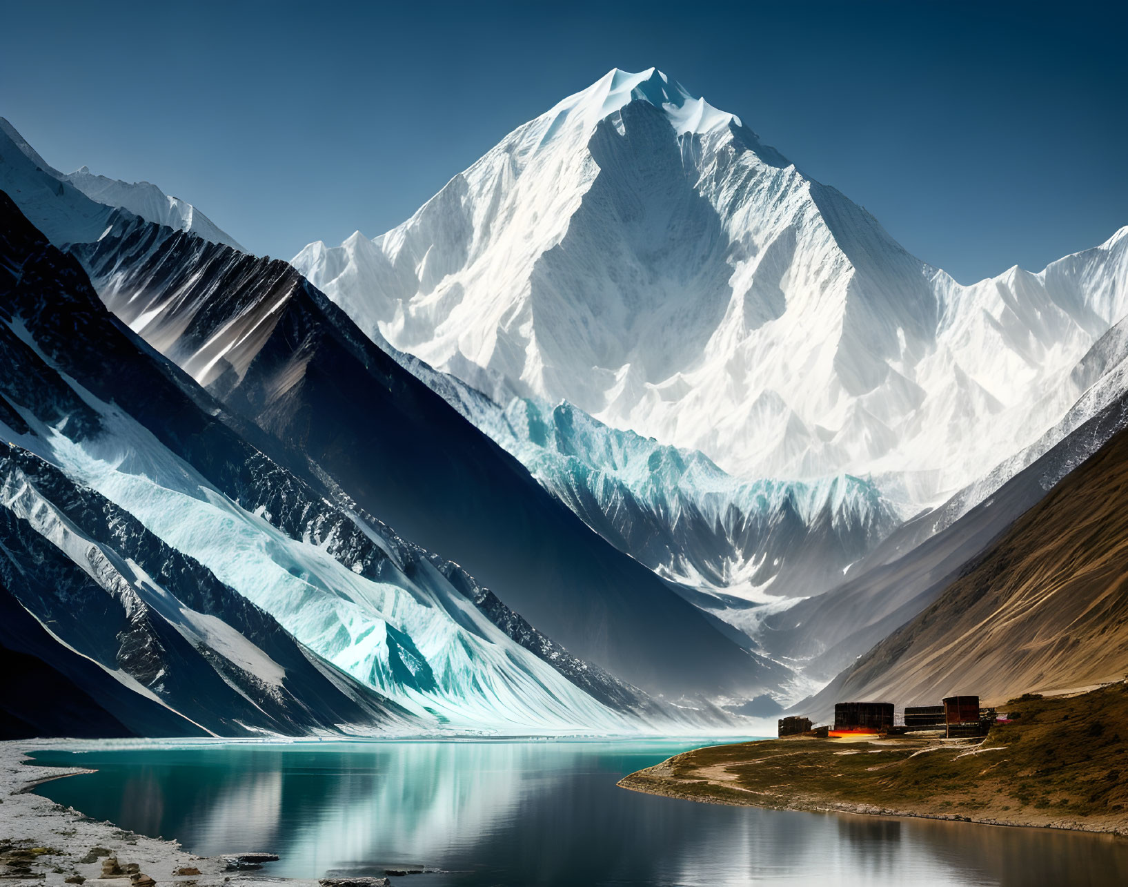 Snow-capped mountain peak reflected in calm lake with buildings on shore