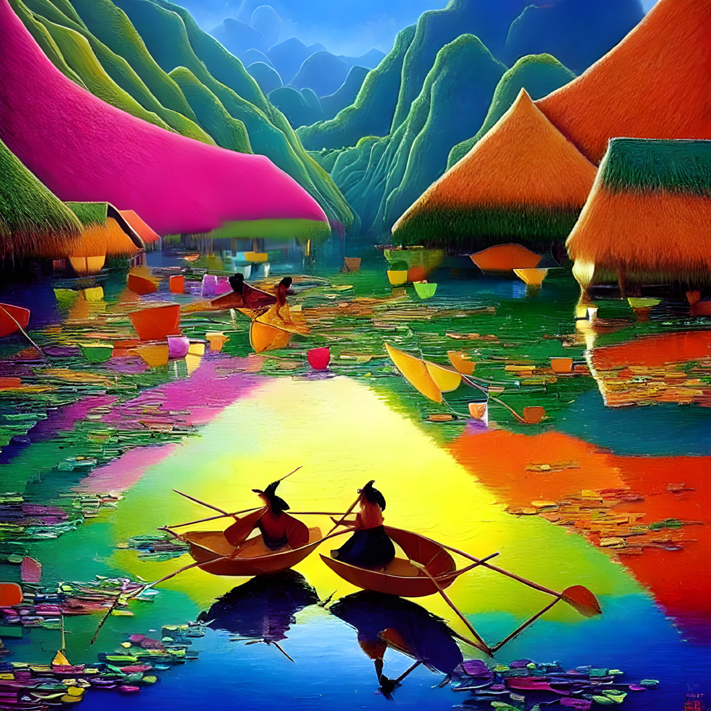 Colorful painting of two people rowing boats in a scenic landscape with rolling hills and thatched h