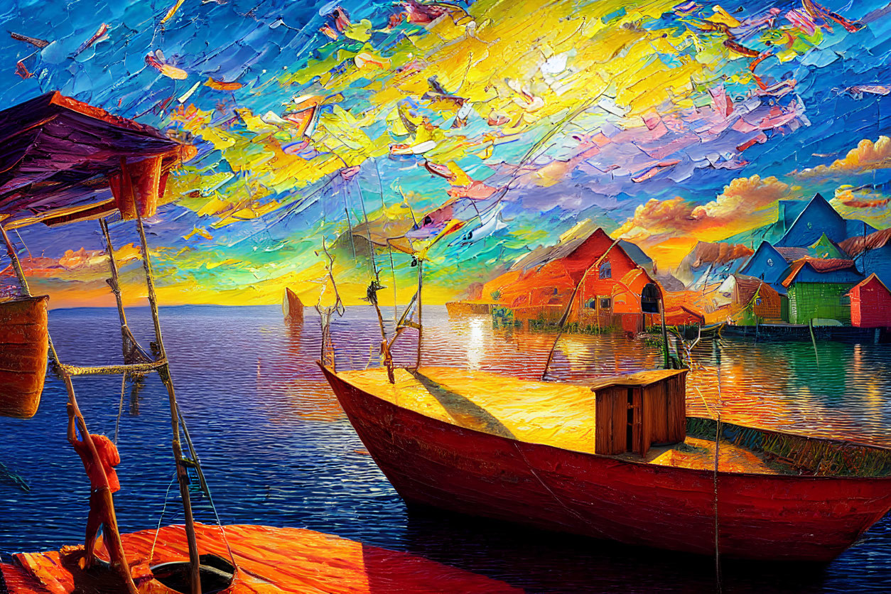 Colorful Painting: Seaside Village at Sunset with Water Reflections