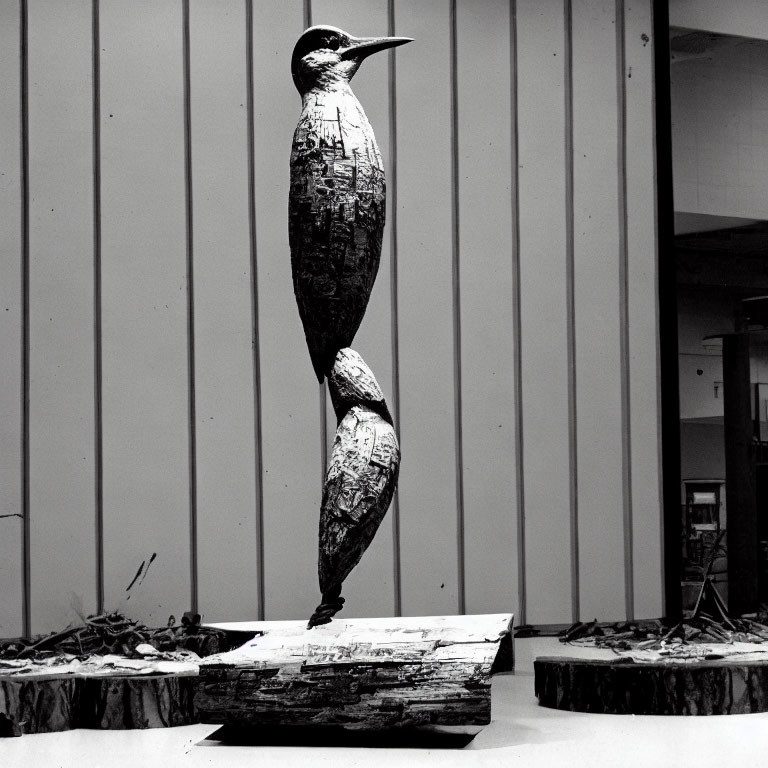 Woodpecker Sculpture Balancing on Beak Indoors