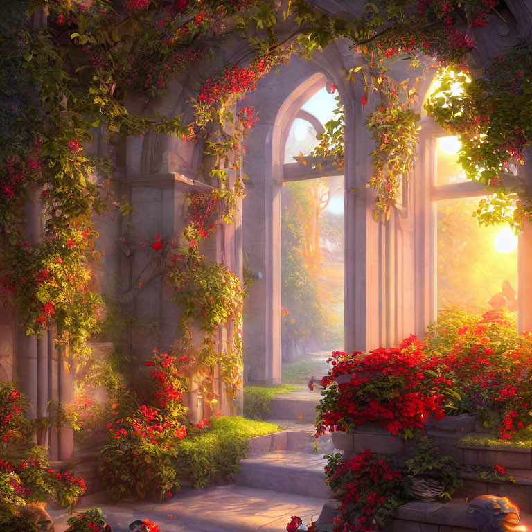 Sunlight through lush garden archway with red flowers