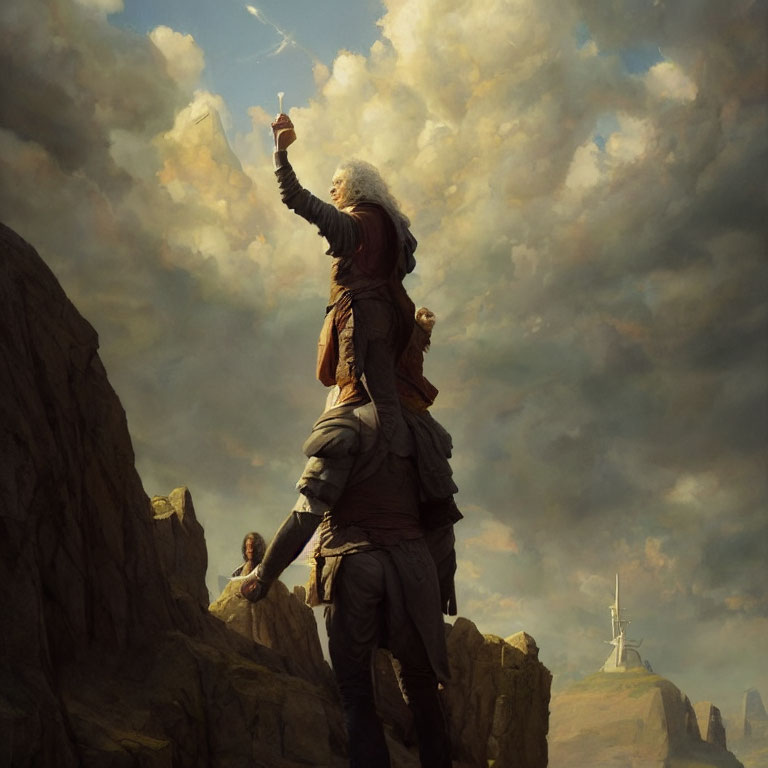 Historical figure in dramatic pose on rocky outcrop with outstretched arm and dramatic clouds.