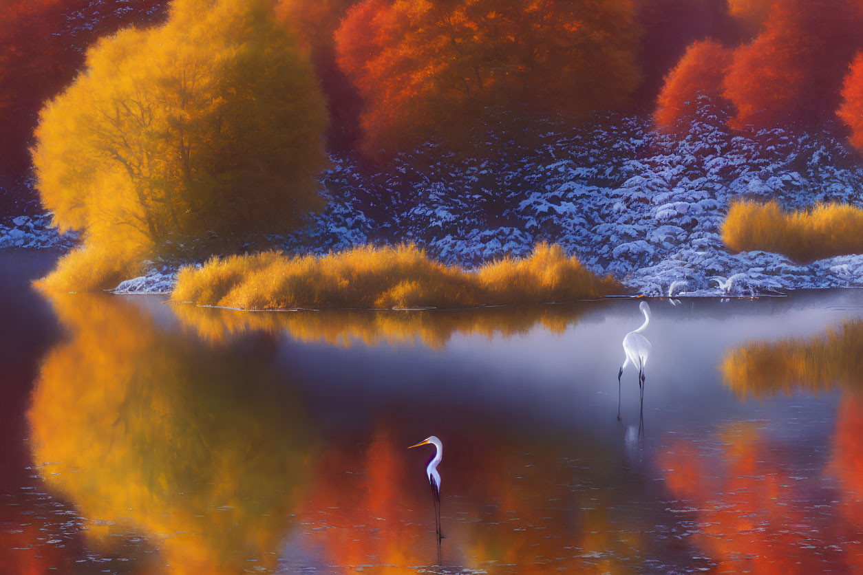 Two Herons in Water Reflecting Autumn to Winter Landscape