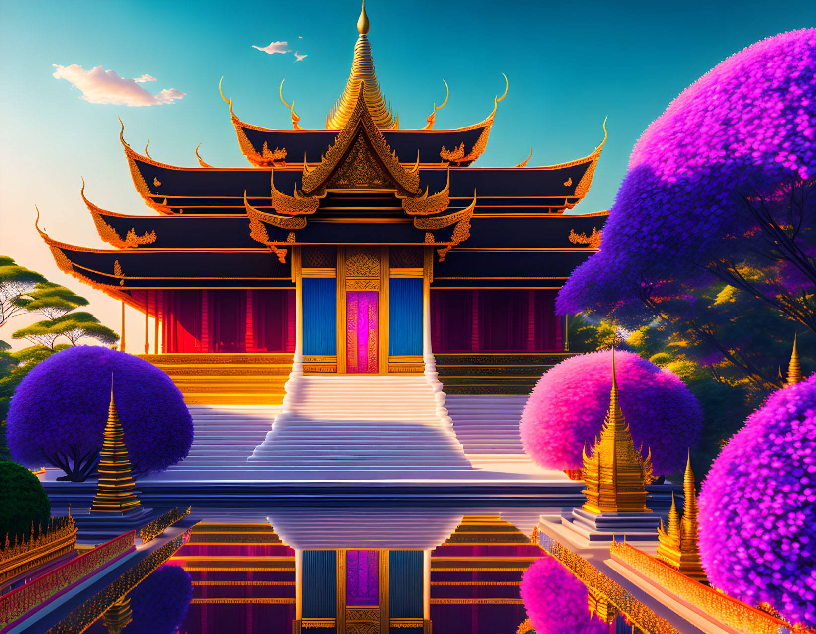 Colorful Thai Temple Reflecting in Water with Purple Trees at Sunset