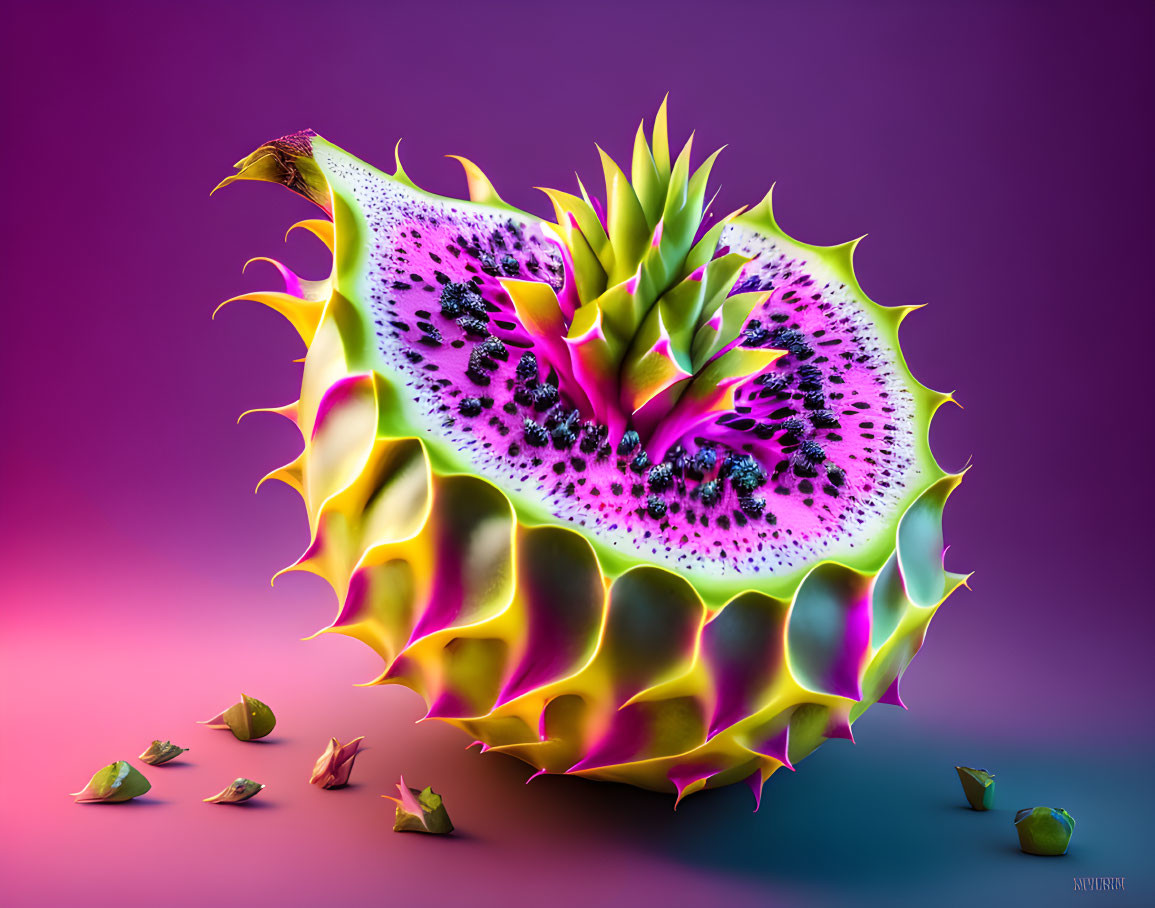 Colorful Dragon Fruit and Pineapple Fusion Artwork on Gradient Background