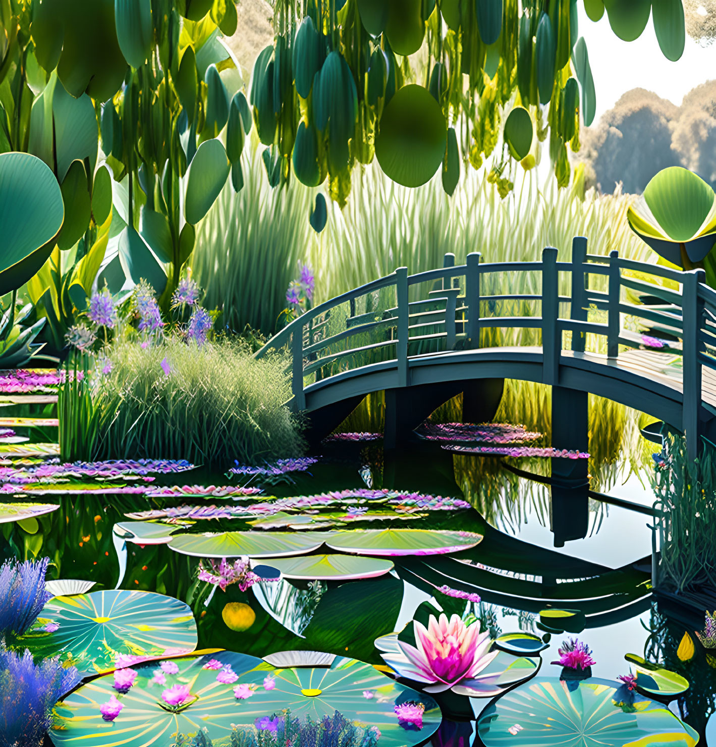 Tranquil pond with vibrant water lilies and lotus flowers in lush greenery