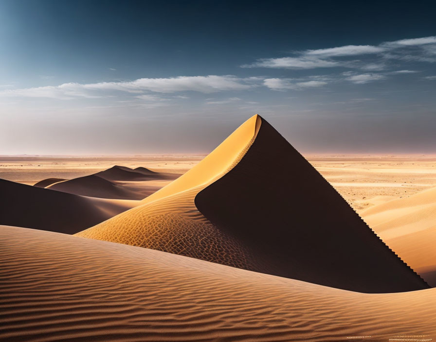 Serene desert landscape with golden sand dunes under clear sky