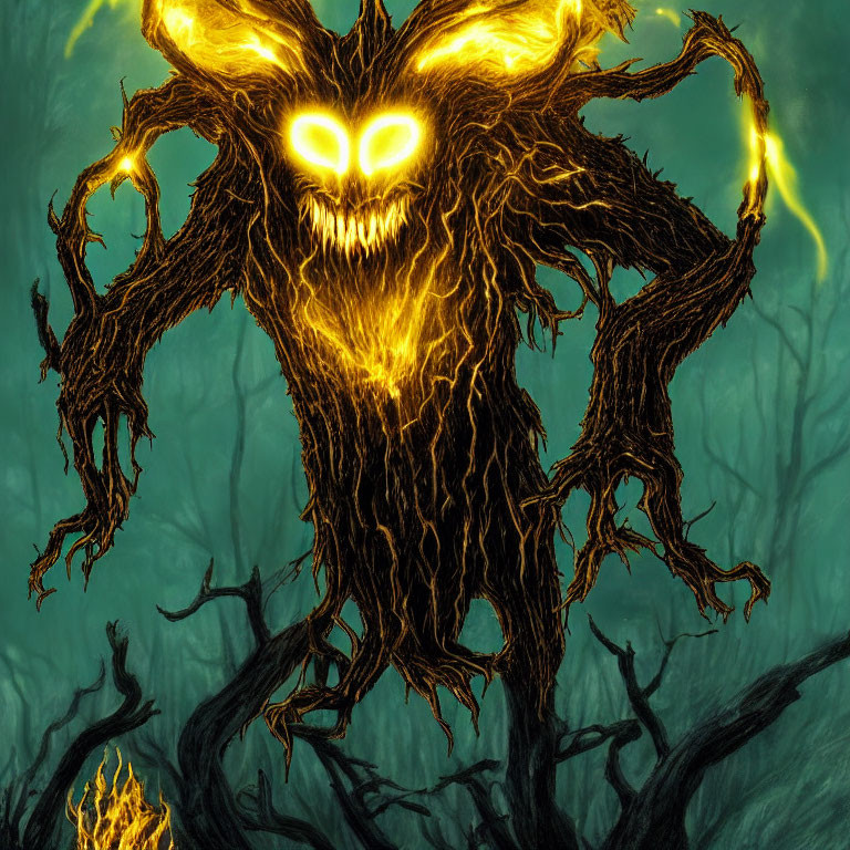 Menacing tree-like creature with glowing eyes in dark forest