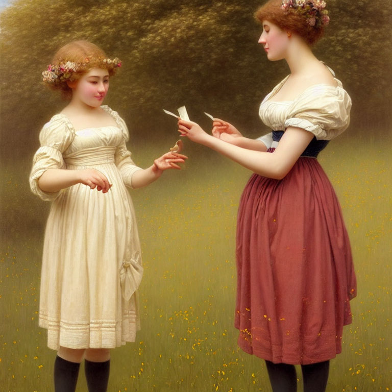 Two women in vintage dresses exchanging a letter in a field with yellow flowers