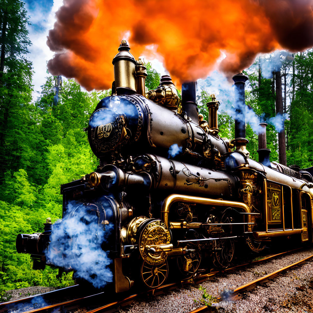 Vintage steam locomotive in lush green forest with black and golden exterior