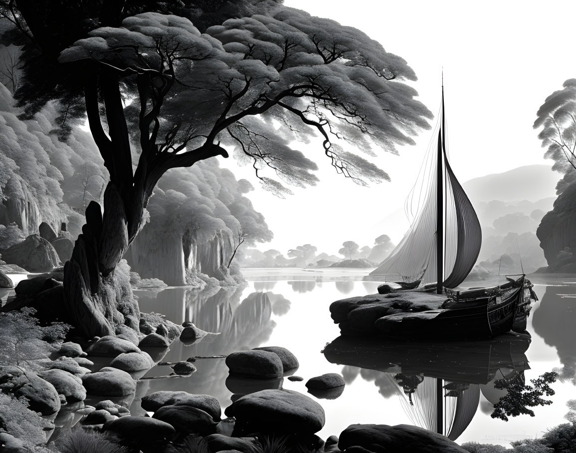 Serene monochrome landscape with river, sailboat, and dense trees