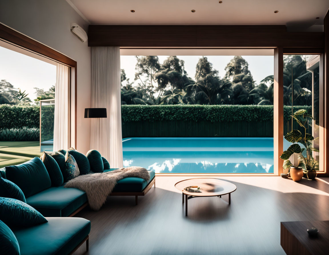 Spacious living room with pool view, blue sofas, wooden floors & green accents