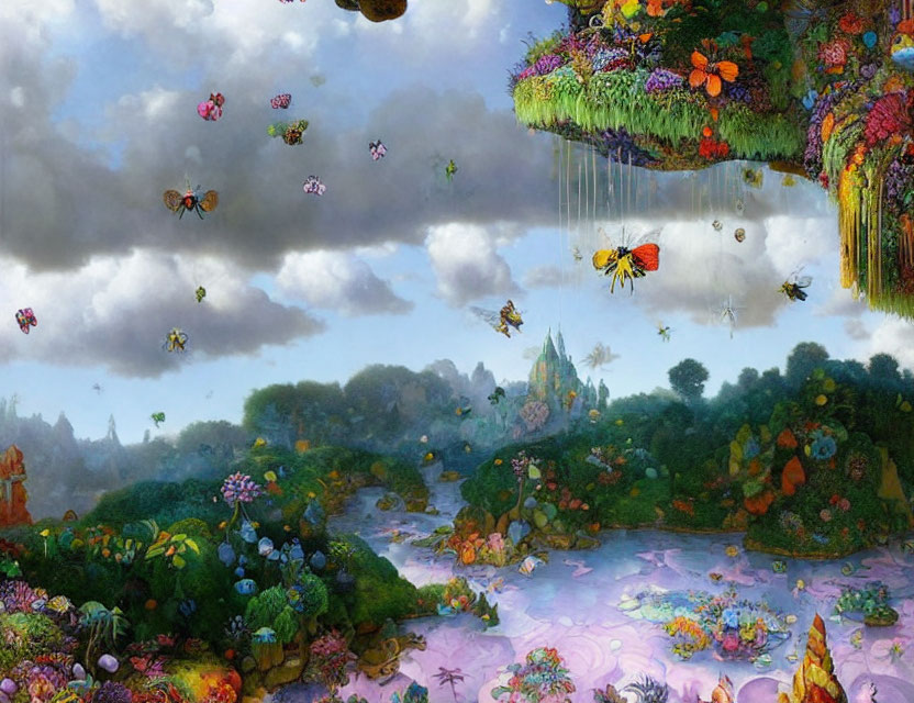 Fantastical landscape with floating islands and oversized butterflies