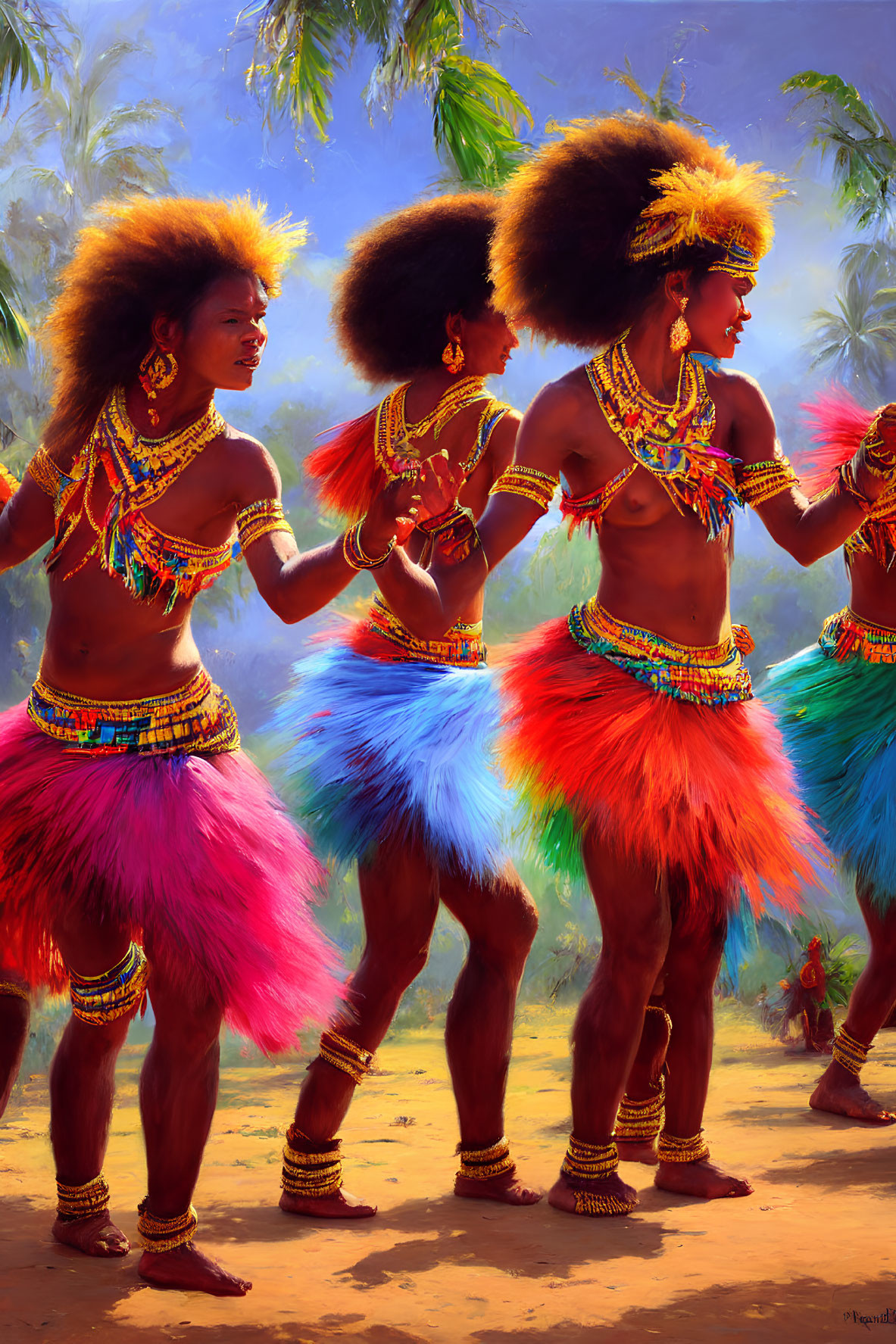 Three individuals in traditional attire with large headdresses dancing in forested setting