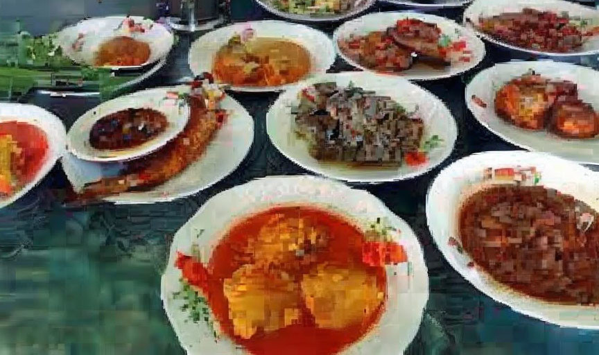 Assorted Chinese dishes on round white plates on glass table