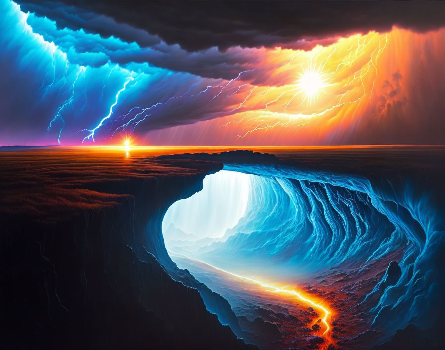 Digital artwork: Fiery sunset, storm with lightning, tranquil waterfall.