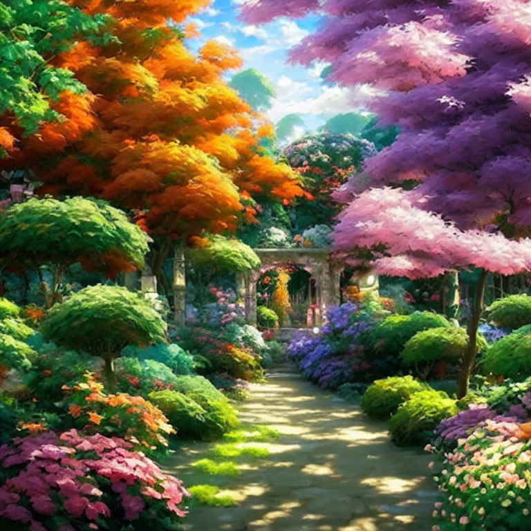 Multicolored Blooming Trees and Flowers Along Garden Path