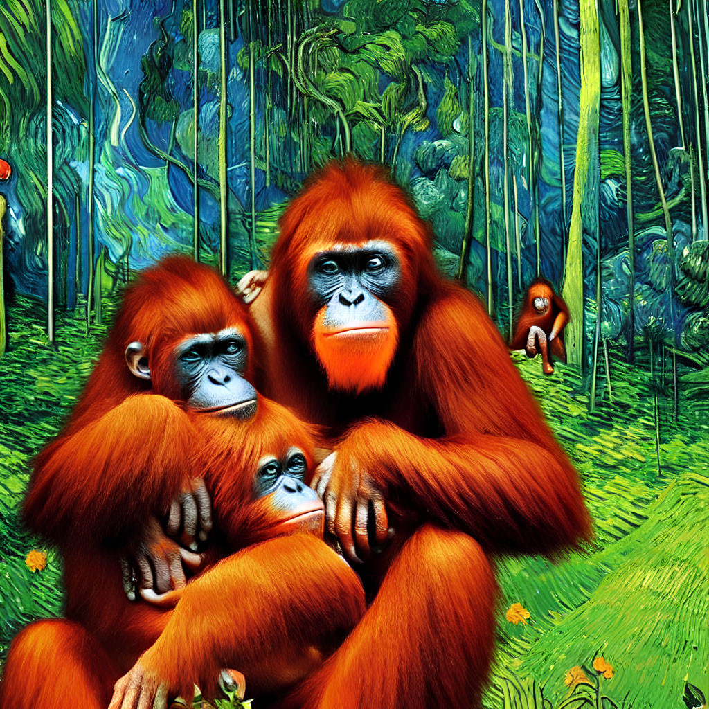 Vibrant orange orangutans in lush green forest