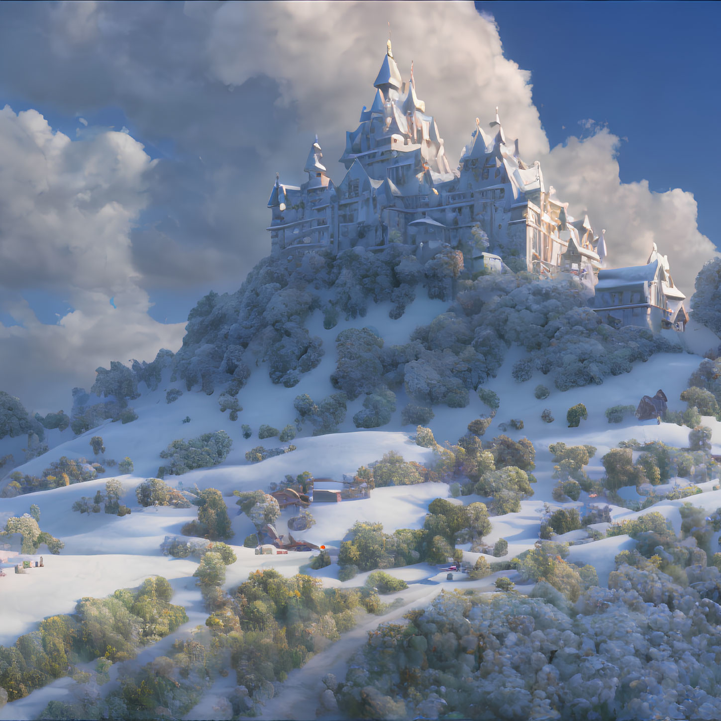 Majestic castle in serene snowy landscape