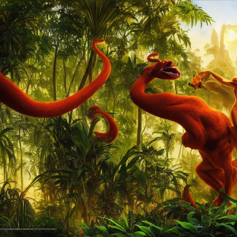 Vibrant orange dinosaurs in misty jungle at sunrise