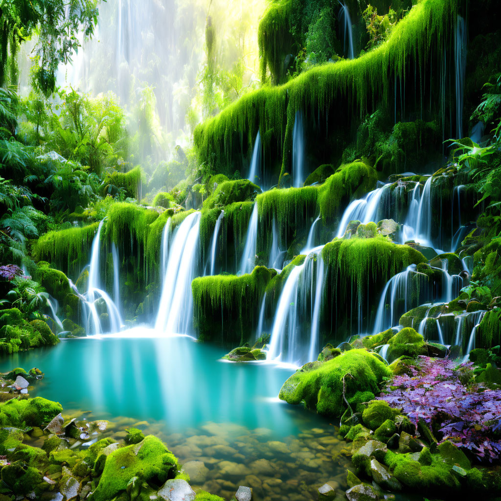 Tranquil waterfall in lush green setting with moss-covered rocks