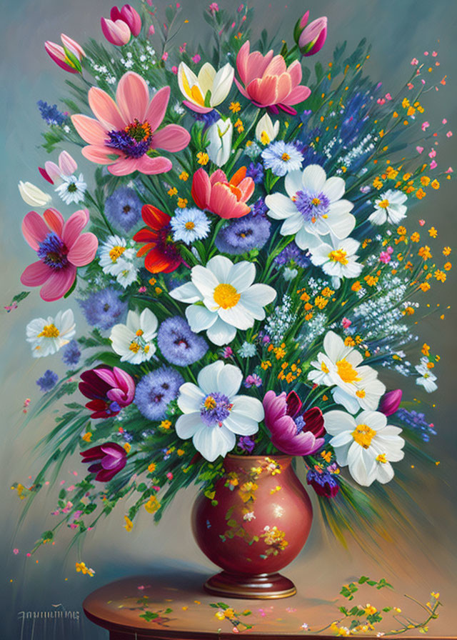 Colorful bouquet painting with pink, white, and yellow flowers in terracotta vase