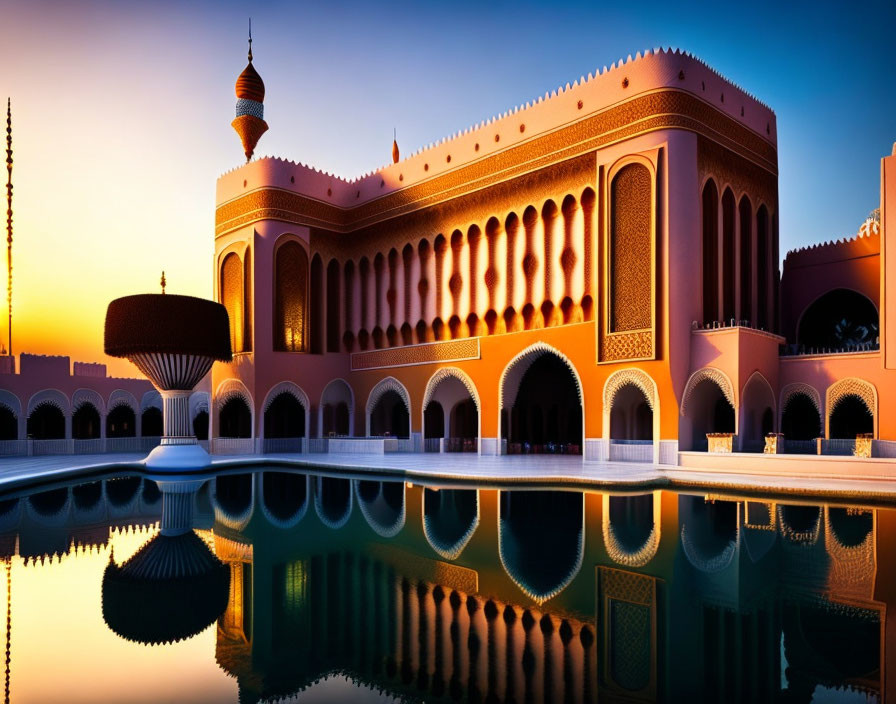 Opulent mosque with intricate architecture reflected in serene water at sunset