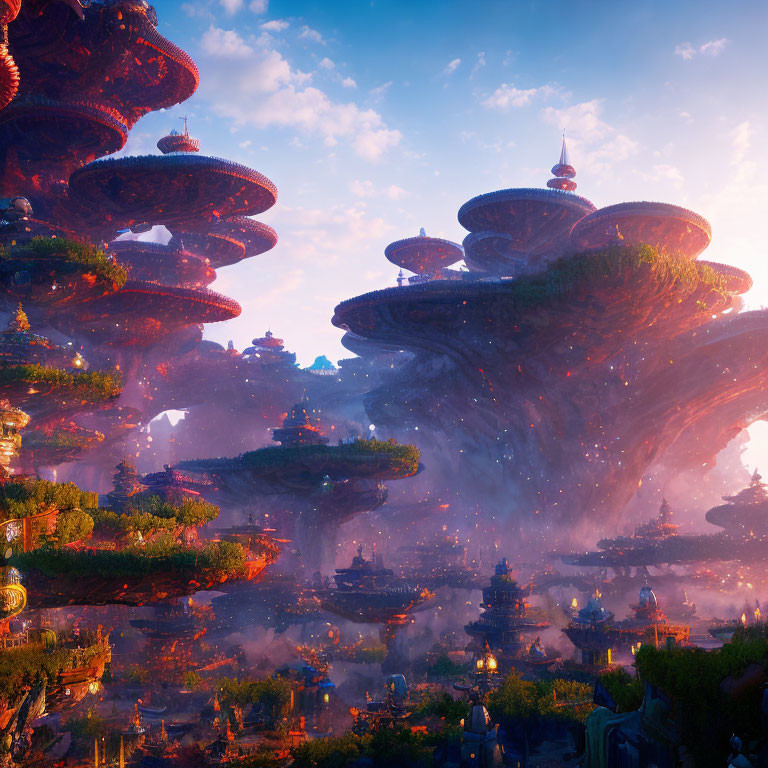 Vibrant fantasy landscape with towering mushroom structures amid glowing foliage