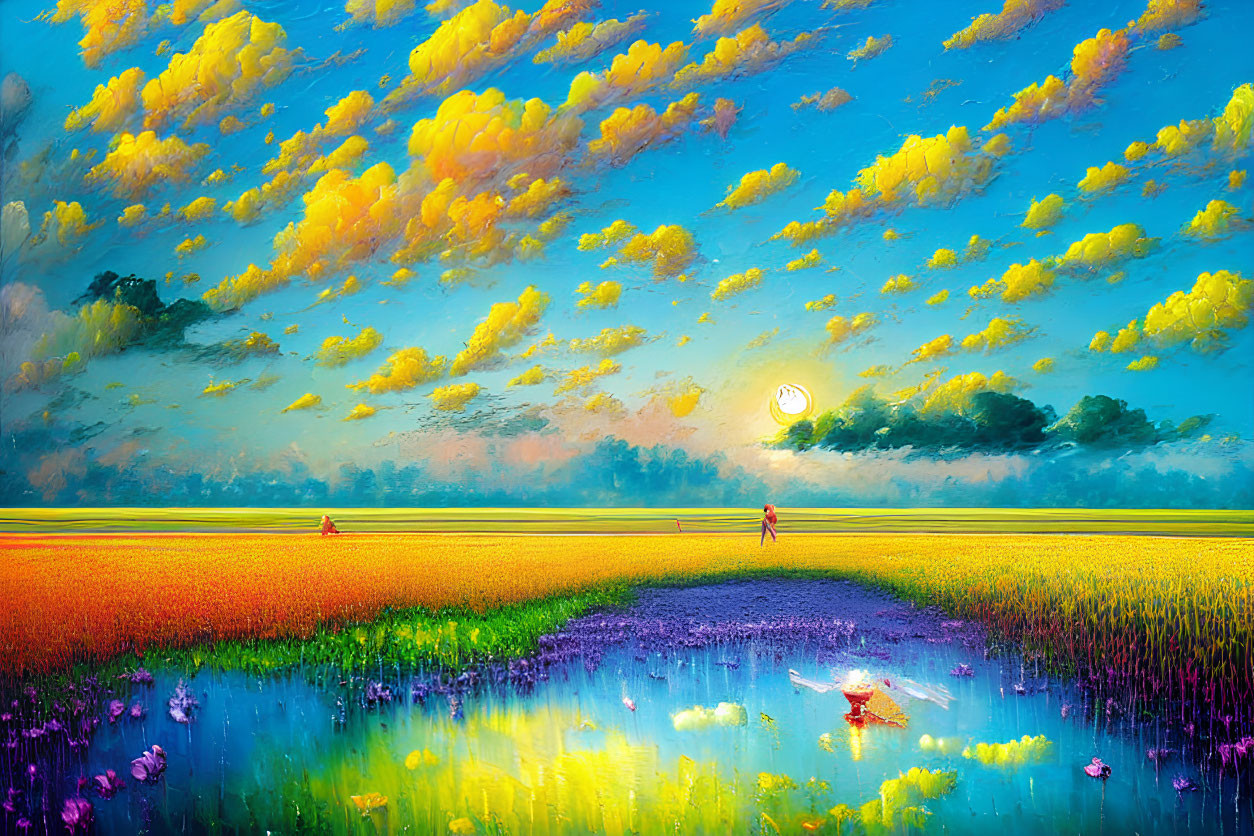 Colorful painting of person in field with blue and purple flowers under yellow sunset sky